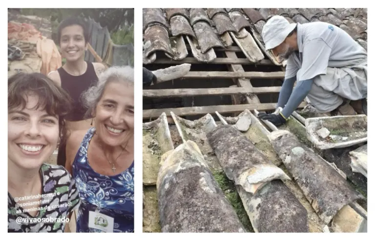 Equipe confere as obras no telhado