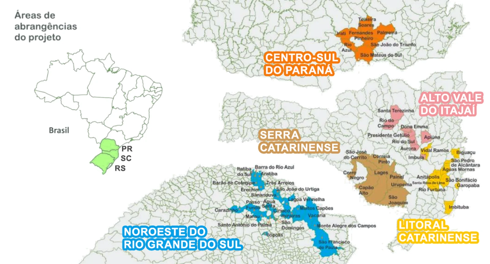 Mapa das áreas de abrangência do projeto no Paraná, em Santa Catarina e no Rio Grande do Sul